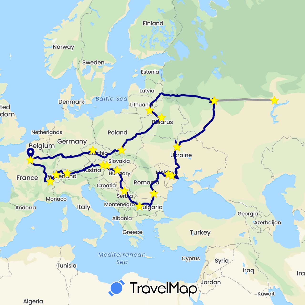 TravelMap itinerary: driving, plane in Austria, Bulgaria, Belarus, Switzerland, Czech Republic, Germany, France, Hungary, Liechtenstein, Lithuania, Latvia, Moldova, Poland, Romania, Serbia, Russia, Slovakia, Ukraine (Europe)